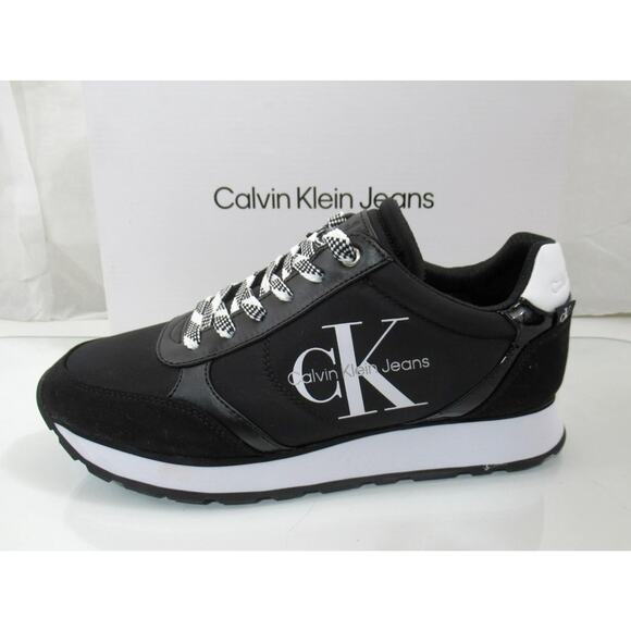 Women's Calvin Klein Jeans Cayle Logo Lace Up Sneakers Black Fabric Size 8.5 - Picture 2 of 8